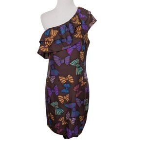 Britt Bryan Striped Bow Dress Size 6 Brown Silk Ruffle One Shoulder Party Sheath